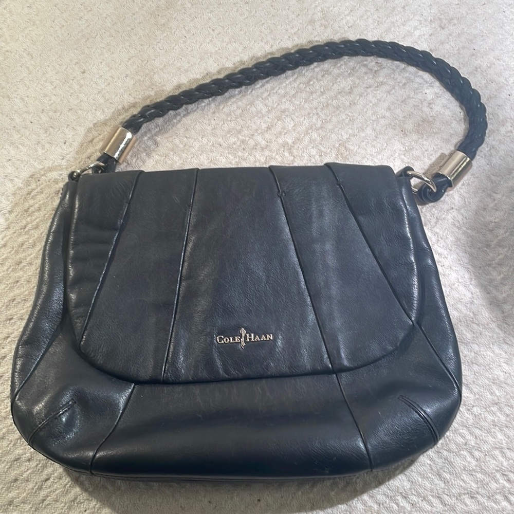 Cole Haan Paneled Flap Over Leather with Gold Hardware Braided Handle Bag